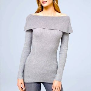 WHBM Sweater Womens Extra Small Gray Silver Shimmer Boat Neck Tunic Ribbed Knit